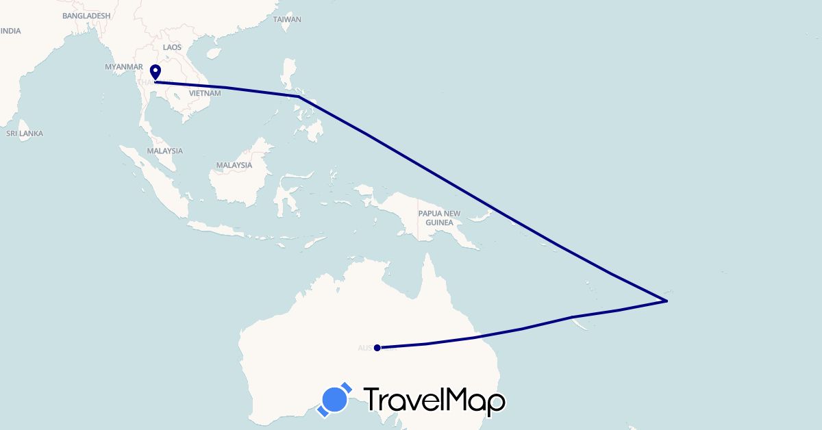 TravelMap itinerary: driving in Australia, Fiji, France, Philippines, Thailand (Asia, Europe, Oceania)
